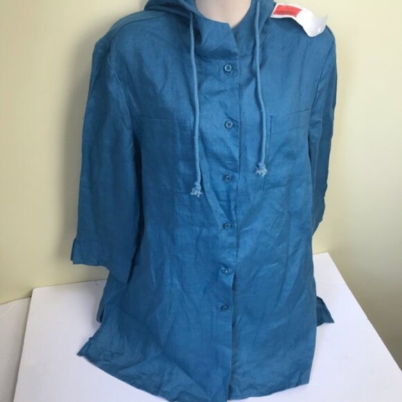 Alice Blue NEW Linen Shirt Hoodie Shirt Jacket Pockets Slits Button Minimalist L - Picture 7 of 15